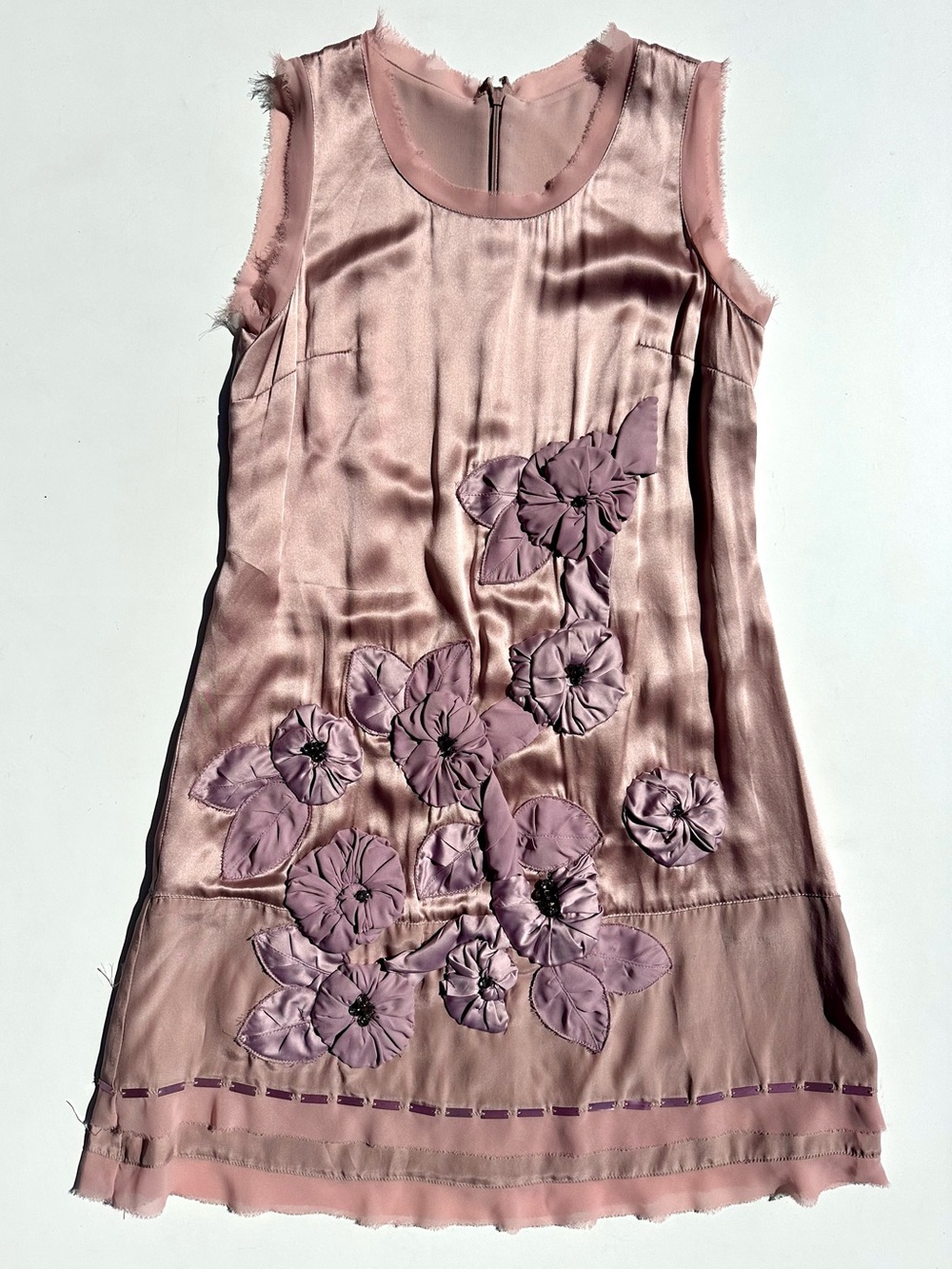 Hanii Y. 100% Silk Satin & Georgette Sleeveless Pink Floral Appliqué Dress, 6